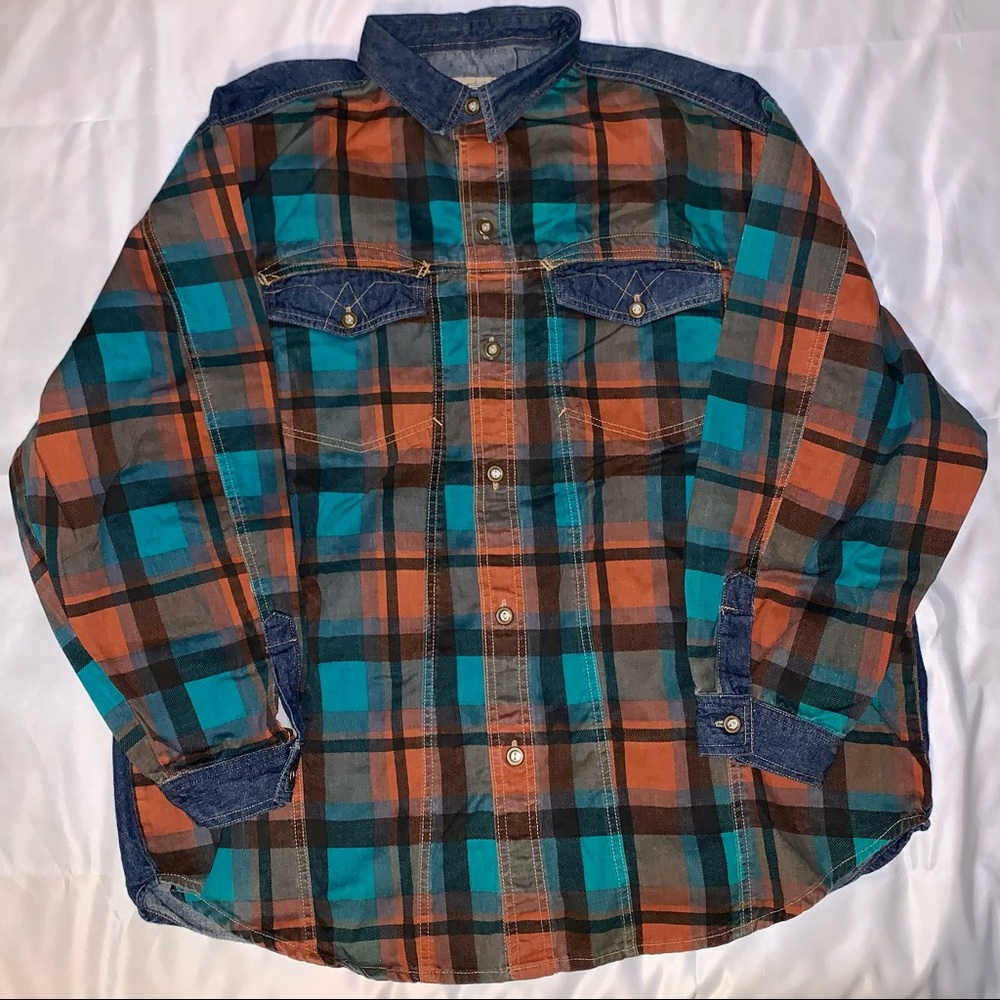 1990s Vtg Denim Button Front Shirt Mens XL Plaid